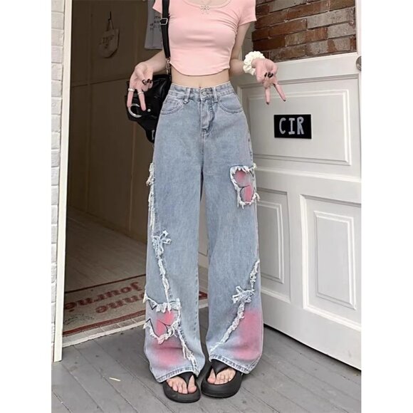 Baggy Ripped Jeans Women Wide Leg Distressed Denim High Waist Streetwear - Picture 2 of 8